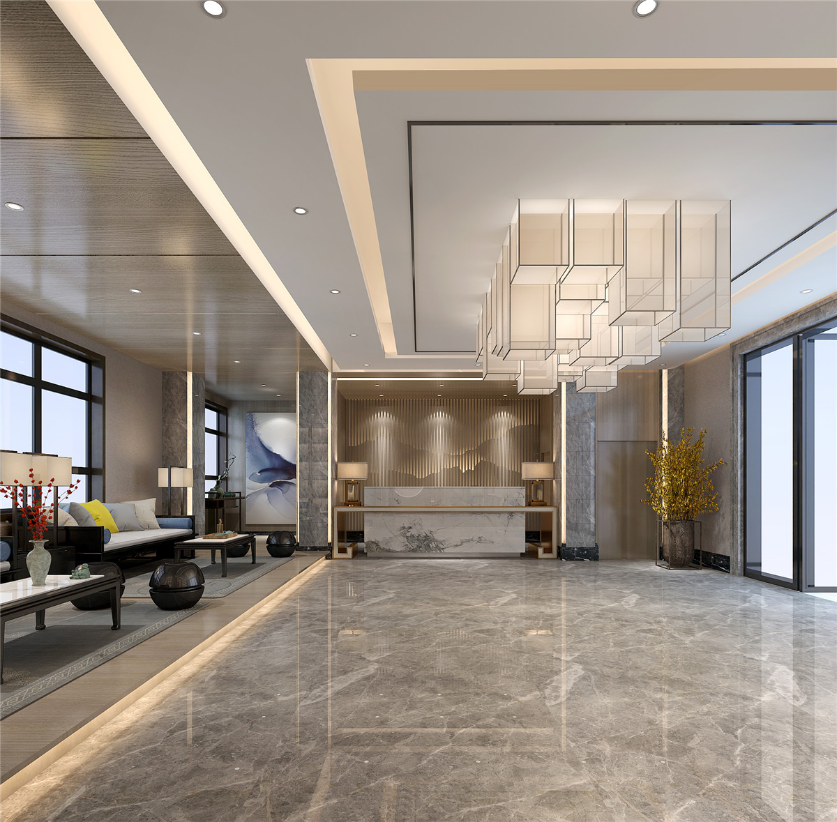 新乡实新宾馆设计-新中式招待宾馆装建成效图