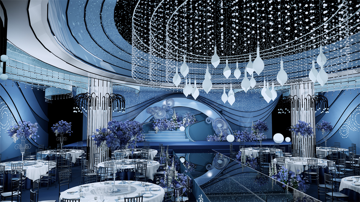 河南婚会堂设计-蓝色星空主题婚会堂装建设计成效图