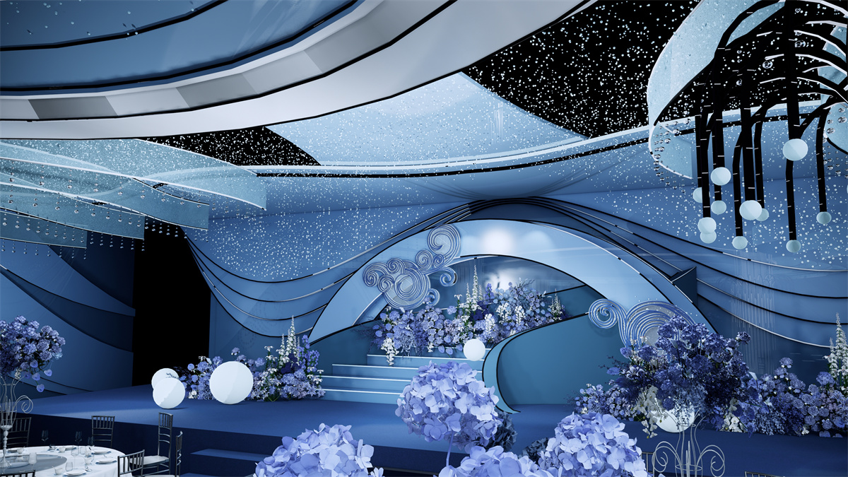 河南婚会堂设计-蓝色星空主题婚会堂装建设计成效图